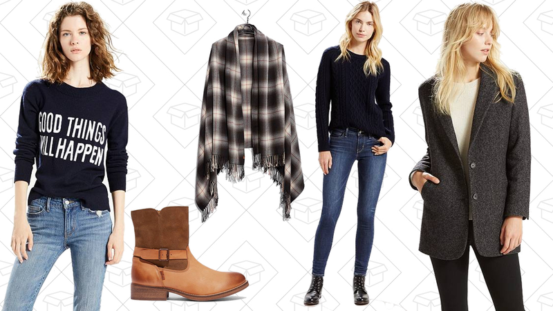 Crew Neck Sweater, $57 | Sancio Boot with Buckle, $78 | Clove Plaid Wrap, $27 | 710 Warm Super Skinny Jeans, $59 | Wool Cocoon Coat, $107